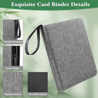 WOT I Trading Card Binder, 900 Pockets Collection Card Binder Sleeves with Polyester Fabric Cover&Zipper, Double Sided Pockets Card Holder Carry Card Case for Standard Size Cards - Grey - Image 3
