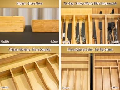 Umilife Large Expandable Kitchen Silverware Utensils Drawer Organizer, 2.5" Extra High Adjustable Drawer Divider with Curved Grooves, Bamboo Wood Cutlery Tray Flatware Holder - Image 5