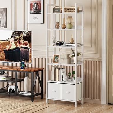 Furologee White 6 Tier Bookshelf with Drawers, Tall 71" Bookcase with Shelves, Modern Wood and Metal Bookshelves Storage Organizer, Display Free Standing Shelf Unit for Bedroom, Living Room, Office - Image 6