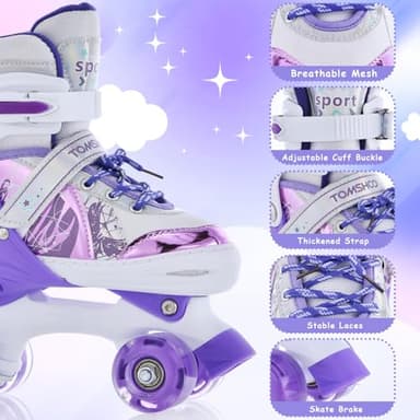 TOMSHOO Roller Skates for Girls Kids Child Beginners, 4 Size Adjustable Light up Wheels Fun Illuminating Purple Pink Skates for Boys Toddlers Patines para niñas (Purple, Large - Youth (3.5-6)) - Image 4