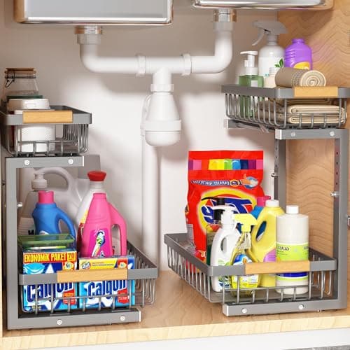 Liuoud Under Sink Organizer Storage 2 Pack, 2 Tier Slide Out Height Adjustable Pull Out Cabinet Organizer Drawer for Kitchen Bathroom Large Under Sink Shelf Rack Caddy for Pantry, Grey - Image 1
