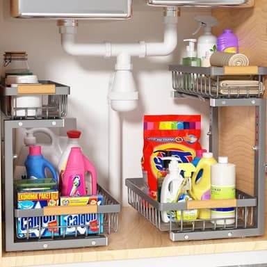 Liuoud Under Sink Organizer Storage 2 Pack, 2 Tier Slide Out Height Adjustable Pull Out Cabinet Organizer Drawer for Kitchen Bathroom Large Under Sink Shelf Rack Caddy for Pantry, Grey - Image 1