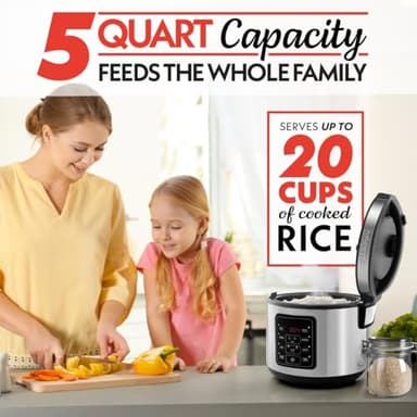 Gourmia Rice Cooker – 5 Qt Capacity, 20 Cup Cooked, 10 Cup Uncooked, Digital Controls, 6 Cooking Presets, Grain Cooker & Steamer, Nonstick Pot, Steam Tray, Delay Timer, Keep Warm, Stainless Steel - Image 5