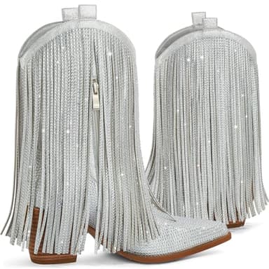 Ouepiano Cowboy Boots for Women - Cowgirl Rhinestone Boots with Sparkly Fringe Pointed Toe Western Boot Chunky Heel Pull-On Wide Calf Silver Botas Vaqueras Size 6.5 - Image 7