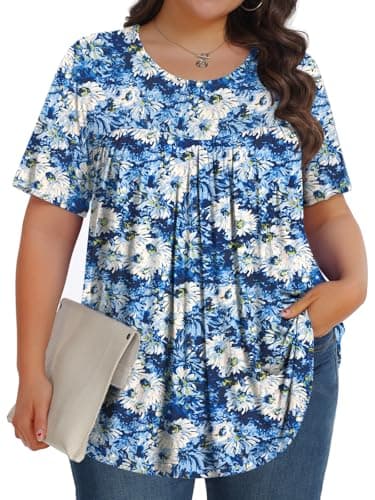 Womens Plus Size Tops Tunic Short Sleeve Crew Neck Shirts Casual Soft Blouse White Chrysanthemum 3X - Image 1