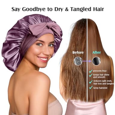 YFONG 100% 22 Momme Mulberry Silk Bonnet for Sleeping Women, Larger Double Layer Silk Hair Wrap for Curly Short Long Hair, Non-Slip Sleep Cap Turban with Elastic Tie Band for Hair Care, Purple - Image 3