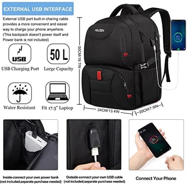 HILUSEN Extra Large Backpack for Men 50L, Insulated Cooler Lunch Box Backpack, Water Resistant 17inch Travel Laptop Work Bookbag with USB Charging Port,Black - Image 5