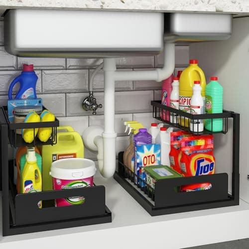 REALINN Under Sink Organizer, Pull Out Cabinet Organizer Slide Out Sink Shelf Cabinet Storage Shelves, Storages for Kitchen Bathroom, Black, 2 Pack - Image 1