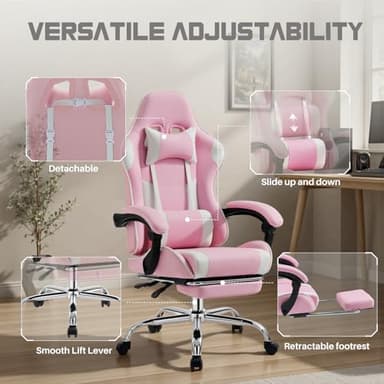 DUMOS Ergonomic Gaming Office Desk Chair with Footrest and Headrest for Adults, PU Leather Video Computer Chair with Linkage Armrests, Height Adjustable 360° Swivel Recling Chair, White Pink - Image 5