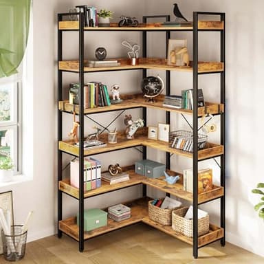 Rolanstar Bookshelf 6 Tier with 4 Hooks, Reversible Corner Bookshelf, 69" Industrial Wooden Bookcase with Open Shelves and Metal Frame for Living Room, Bedroom, Home Office, Rustic Brown - Image 2