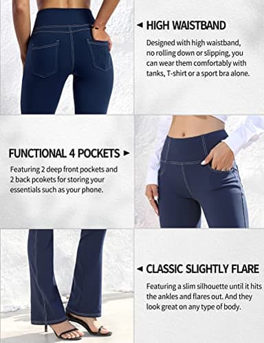 VOOVEEYA Women's Bootcut Leggings - Bootleg Yoga Pants Flare with 4 Pockets,Tummy Control High Waisted Casual Dress Pants（Bootcut-Navy Blue-XL） - Image 4