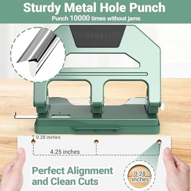AFMAT HPX2 Heavy Duty 3 Hole Puncher, 40-Sheet Three Hole Punch Heavy Duty, 50% Reduced Effort Paper Punch, 10K+ Uses, Metal Hole Puncher 3 Ring w/Large Tray, Bulit-in S.S. Paper Guide, Green - Image 4