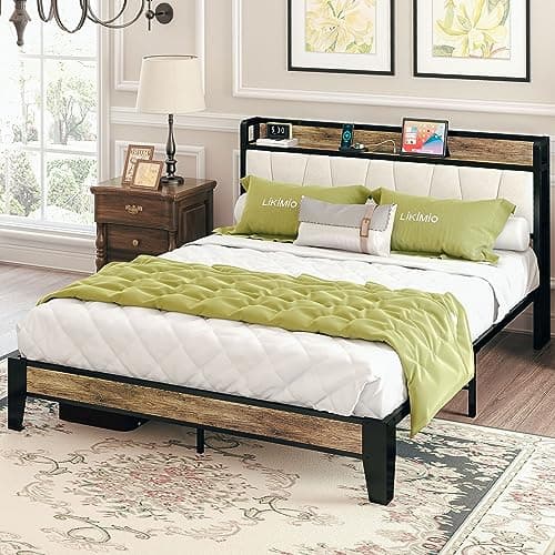 LIKIMIO Full Size Bed Frame, Storage Headboard with Charging Station, Solid and Stable, Noise Free, No Box Spring Needed, Easy Assembly (Walnut and Beige) - Image 1