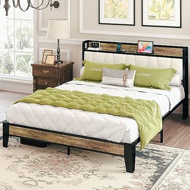 LIKIMIO Full Size Bed Frame, Storage Headboard with Charging Station, Solid and Stable, Noise Free, No Box Spring Needed, Easy Assembly (Walnut and Beige) - Image 1