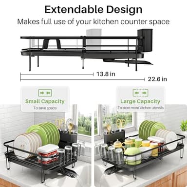 SNTD Dish Drying Rack, Expandable Dish Rack for Kitchen Counter, Metal Dish Drainer with Utensil & Cup Holder 13.8"-22.6" L x 12.1" W (Black) - Image 2