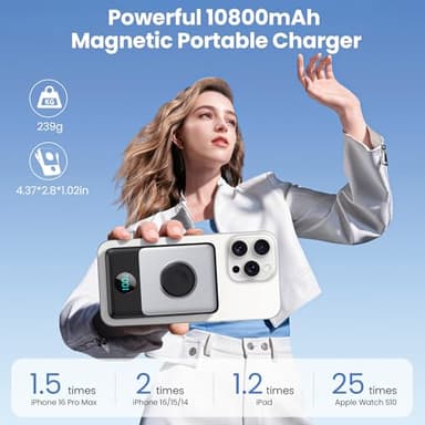 Magnetic Portable Charger 10800mAh for iPhone with Built-in Cables, 6-in-1 Wireless Power Bank with iWatch Charger, LCD Display 25W PD Fast Charging Battery Pack for iPhone 16/15/14/13/12, Apple Watch - Image 2