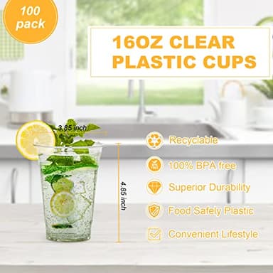 TashiBox 100 Count - 16 Ounce Plastic Cups, Ice Coffee Cups To Go - Crystal Clear PET Party Cups - Image 2