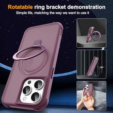 SKYLMW Compatible with iPhone 15 Pro Case with Invisible Magnetic O-Ring Stand Military-Grade Translucent Case for iPhone 15 Pro 6.1" [Compatible with Mag-Safe][Great Grip Feeling], Wine Red - Image 2