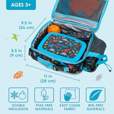 Bentgo Kids Lunch Bag - Durable, Double-Insulated Lunch Bag for Kids 3+; Holds Lunch Box, Water Bottle, & Snacks; Easy-Clean Water-Resistant Fabric & Multiple Zippered Pockets (Dinosaur) - Image 3