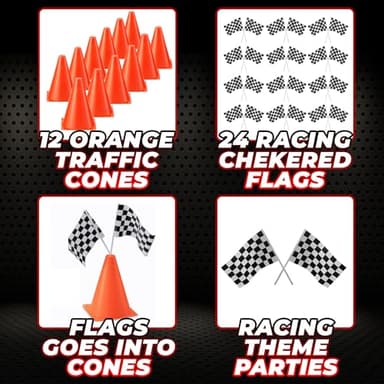 Bedwina Race Car Birthday Party Decorations - (36 Pcs) 12 - 8-Inch Orange Mini Cones for Kids & 24 Black & White Checkered Flags on Sticks - Race Car Themed Birthday Party Decor & Centerpiece Supplies - Image 2
