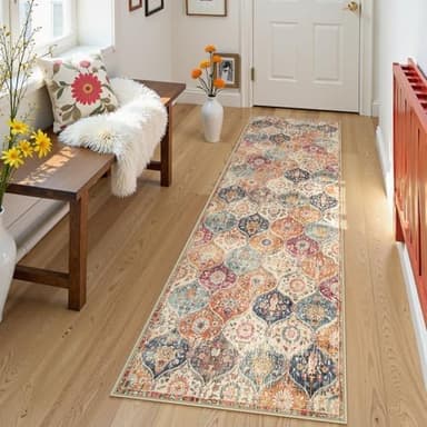 Lahome Moroccan Trellis Washable Runner Rug, 2x6 Kitchen Runners for Hallways 6 Feet Non Slip, Vintage Laundry Room Rug Ultra-Thin Long Carpet for Bathroom Bedroom Entryway, Cream/Multi - Image 3
