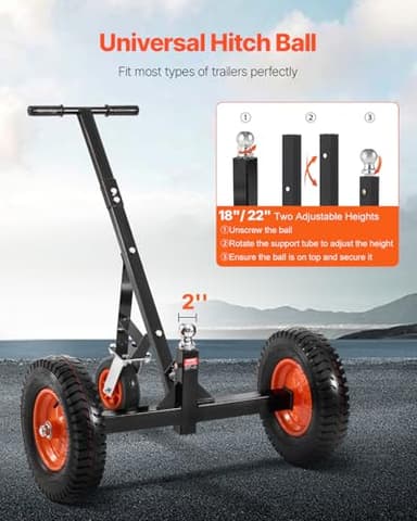 VEVOR Trailer Dolly, 1200lbs Tongue Weight Capacity, Carbon Steel Trailer Mover with 18 inch and 22 inch Height Adjustable Trailer Dolly, 2 inch Ball, 15.2 inch Pneumatic Tires, for Moving RV - Image 3