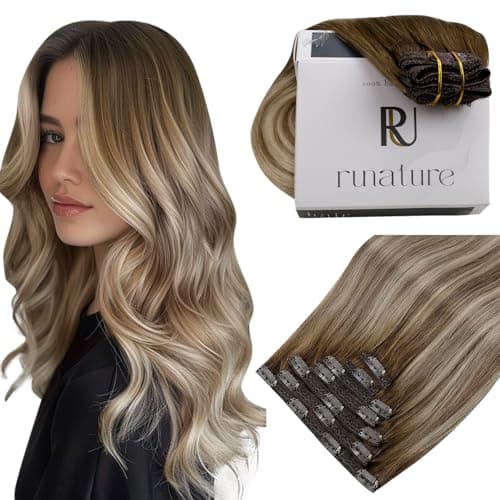 RUNATURE Balayage Clip in Hair Extensions, Real Human Hair Clip in Extensions for Women, Long Hair Extensions Add Length Easy to Apply, 24 Inch 135g #3/8/22 Walnut Brown to Light Brown with Blonde - Image 1