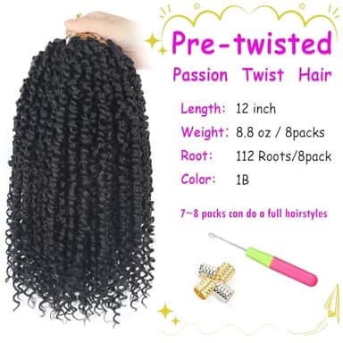 BILEAF Pre-twisted Passion Twist Crochet Hair for Women 8 Packs Curly Crochet Hair Pre Looped 12 Inch Ombre Passion Twist Hair, Short Passion Twists Hair Crochet Passion Twists Crochet Boho Braids 1B - Image 3