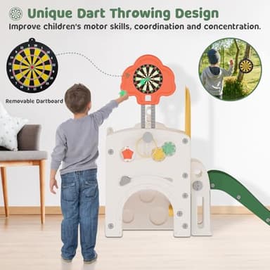 BIERUM Toddler Slide, Baby Slide for Toddlers Aged 1-3, with Adjustable Basketball Hoop, Soccer, Dart Board and Pretend Shopping Window, Multi-Functional Playset for Indoor Outdoor Use - Image 4