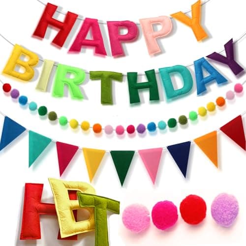 Pre-Strung Happy Birthday Banner - Felt Ball Garland HAPPY BIRTHDAY Pennant, Multicolor Bunting String Triangle Flags Bulk Rainbow Bunting - Image 1