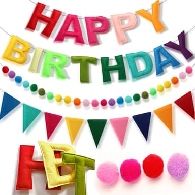 Pre-Strung Happy Birthday Banner - Felt Ball Garland HAPPY BIRTHDAY Pennant, Multicolor Bunting String Triangle Flags Bulk Rainbow Bunting - Image 1
