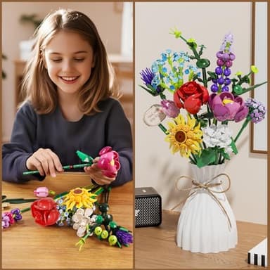 Flowers Bouquet Building Set, Botanical Collection Artificial Flower with Vase, Rose, Sunflower, Hydrangea, Jasmine for Home Decor, Plants Gifts for Mother's Day Anniversary Adults Women Girls - Image 3
