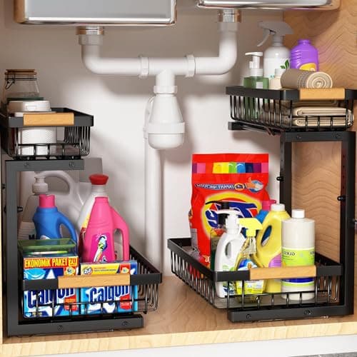 Liuoud Under Sink Organizer Storage 2 Pack, 2 Tier Slide Out Height Adjustable Pull Out Cabinet Organizer Drawer for Kitchen Bathroom Large Under Sink Shelf Rack Caddy for Pantry, Black - Image 1