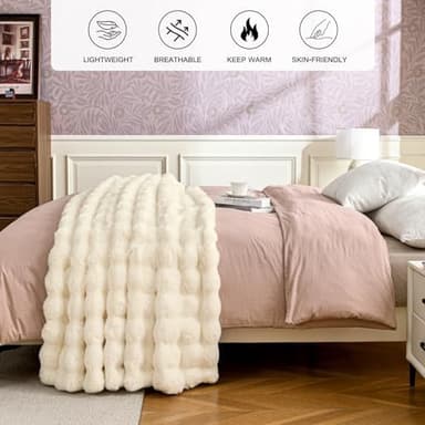 PU MEI Cozy Thick Fuzzy Faux Rabbit Fur Throw Blanket, Double Sided Luxury Comfy Cute Furry Bubble Blanket for Winter, Plush Warm Shaggy Fluffy Small Blankets for Sofa Bed, (Soft-Beige, 50"*60" - Image 5