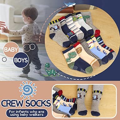ANTSANG Baby Boys Grips Socks Kids Toddlers Infants Non Slip/Anti Skid Crew Cotton Socks 12 Pairs (Boy's-Dinosaur(12 Pairs),5-8 Y) - Image 4