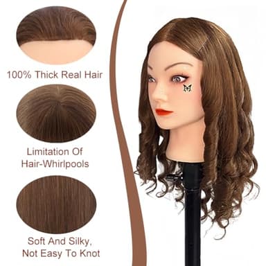 Opini Mannequin Head with 100% Real Human Hair Cosmetology Mannequin Head to Practice Hairstyles Doll Head Training Head for Hairdresser (Brown) - Image 2