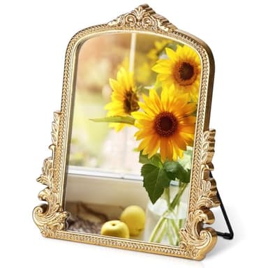 Vintage Makeup Mirror, Vanity Desk Mirror Antique Traditional Tabletop Mirror, Standing, Hang or Wall Mounted, Adjustable Dress-up Mirror, Gold Decor Mirror for Living Room,Bedroom (gold, 12*9.8 in) - Image 8