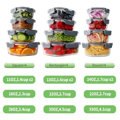 HOMBERKING 24pc Glass Food Storage Containers with Lids, Glass Meal Prep Containers with Leak Proof Snap Lock Lids, Airtight Bento Lunch Boxes, Kitchen Storage (12 lids & 12 Containers) - Grey - Image 2