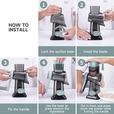 REDPANT Cheese Grater Hand Crank, Manual Cheese Shredder with 3 Interchangeable Blades, Rotary Cheese Grater with Strong Suction Base, Easy to Use and Clean, GreyBlue - Image 6