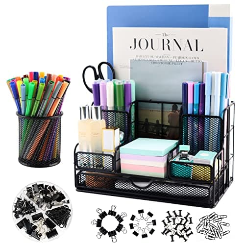 BCCICE Desk Organizers Caddy and Accessories with 7 Compartments + Pen Holder / 72 Clips Set, Drawer, Black Mesh Office Supplies Desktop Organizer for Home, Office Ect - Image 1