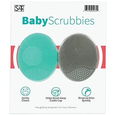 S&T INC. Exfoliating and Massaging Cradle Cap Bath Brushes for Baby, Silicone - 2 Inch x 2.5 Inch, Grey and Teal, 2 Pack - Image 1