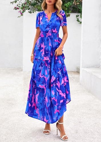 PRETTYGARDEN Women's 2025 Summer Boho Maxi Dresses Floral Short Sleeve V Neck A Line Tiered Flowy Long Beach Vacation Dress (Royal Blue,X-Large) - Image 4