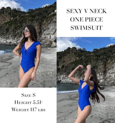 AI'MAGE One Piece Swimsuits for Women Sexy Mesh Deep V Neck Bathing Suit Ruffle Cap Sleeve Tummy Control Swimwear Blue S - Image 2