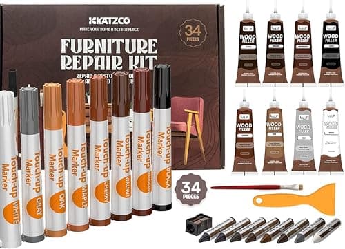 Katzco Furniture Repair Kit Wood Markers - Set of 34 - Markers and Wax Sticks with Sharpener - for Stains, Scratches, Floors, Tables, Desks, Carpenters, Bedposts, Touch-Ups, Cover-Ups - Image 1
