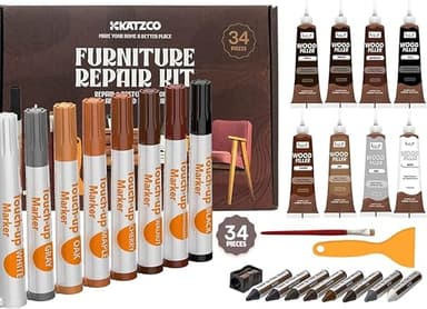 Katzco Furniture Repair Kit Wood Markers - Set of 34 - Markers and Wax Sticks with Sharpener - for Stains, Scratches, Floors, Tables, Desks, Carpenters, Bedposts, Touch-Ups, Cover-Ups - Image 1