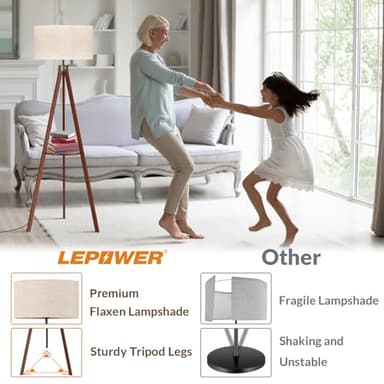 LEPOWER Tripod Floor Lamp, Mid Century Wood Standing Lamp, Modern Design Shelf Floor Lamp for Living Room, Bedroom, Office, Flaxen Linen Shade with E26 Base Brown - Image 3