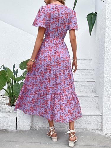 MASCOMODA Womens Summer Boho Maxi Dress Floral Wrap V Neck Flutter Short Sleeve Tie Waist A Line Tiered Flowy Long Dresses(Purple and Red,XX-Large) - Image 5