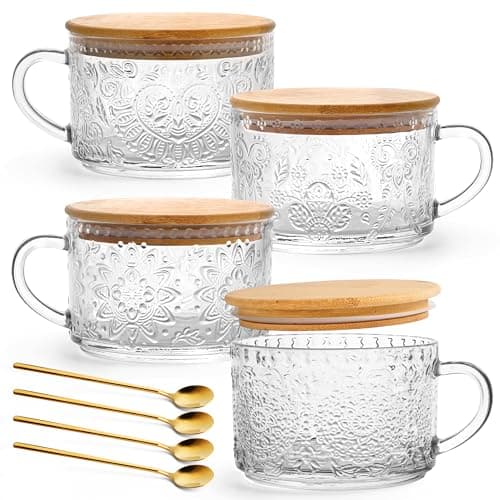 YORY 4-Pack Vintage Glass Mugs with Bamboo lids and Spoons Coffee Tea Cups Gifts for Women Overnight Oats Containers 14oz, - Image 1