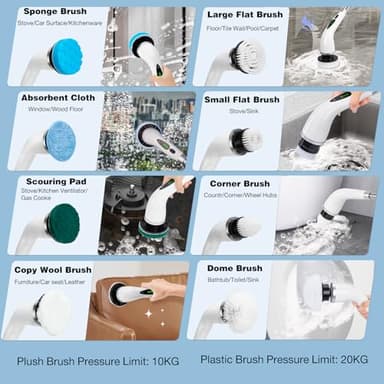 Electric Spin Scrubber,Cleaning Brush with 9 Replaceable Brush Heads and 1 Rubber Squeegee Broom,3 Adjustable Size, 2 Speeds for Bathroom Shower Bathtub Glass Car - Image 8