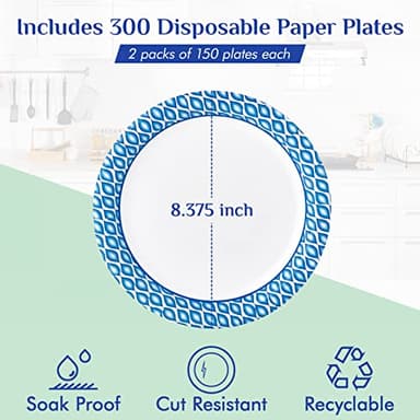 MUCHII 8.375 Inch Disposable Paper Plates, 300 Count Soak and Cut Proof Printed Paper Plates for Daily Use, Holiday for Family Gatherings, Parties, Picnic - Image 3